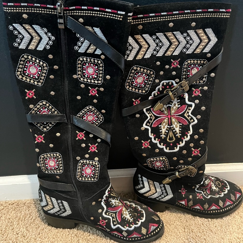 Embroidered Black Knee-High Boots